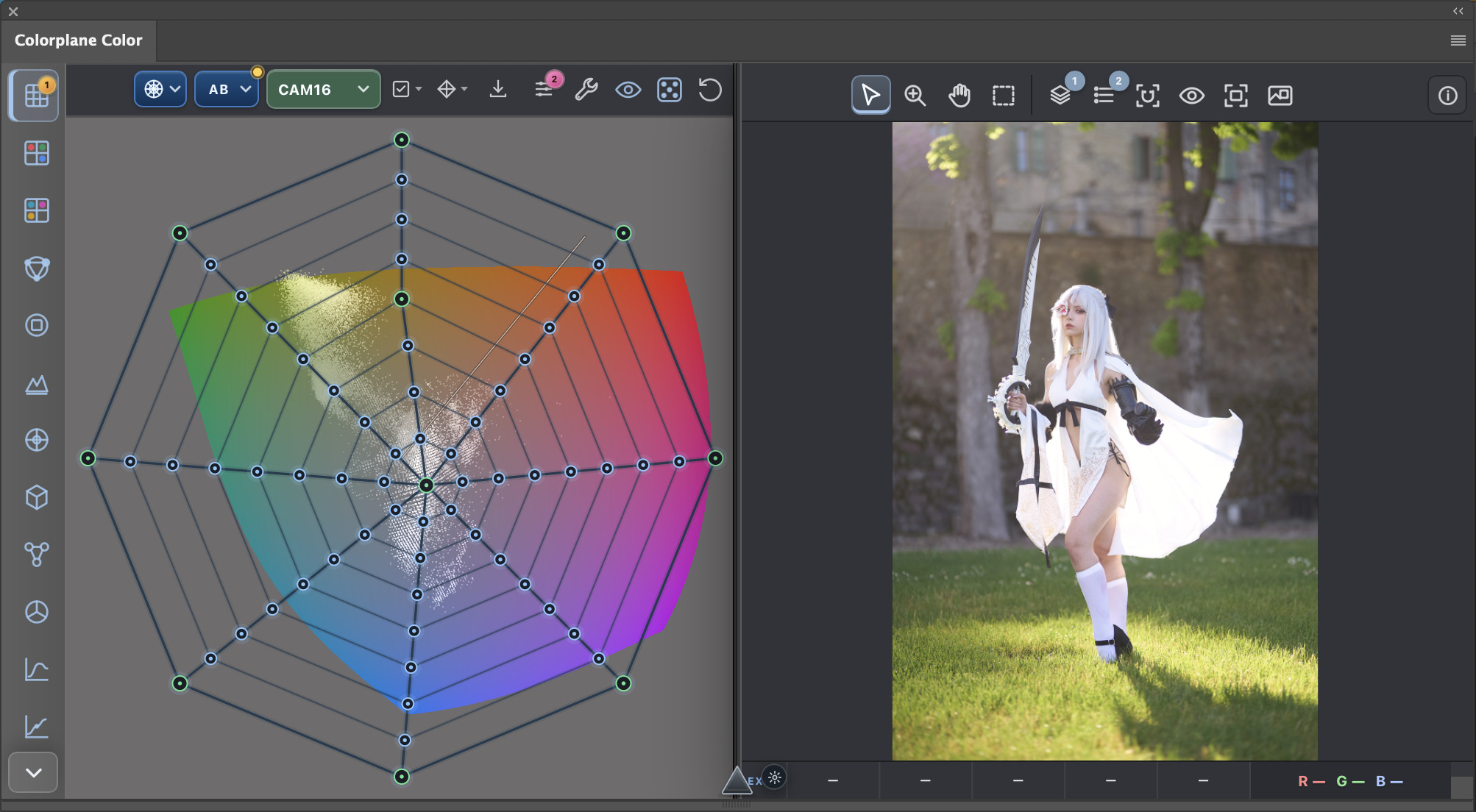 Colorplane Color running inside Adobe Photoshop 2026 with its CAM16 color plane and a before-and-after photograph